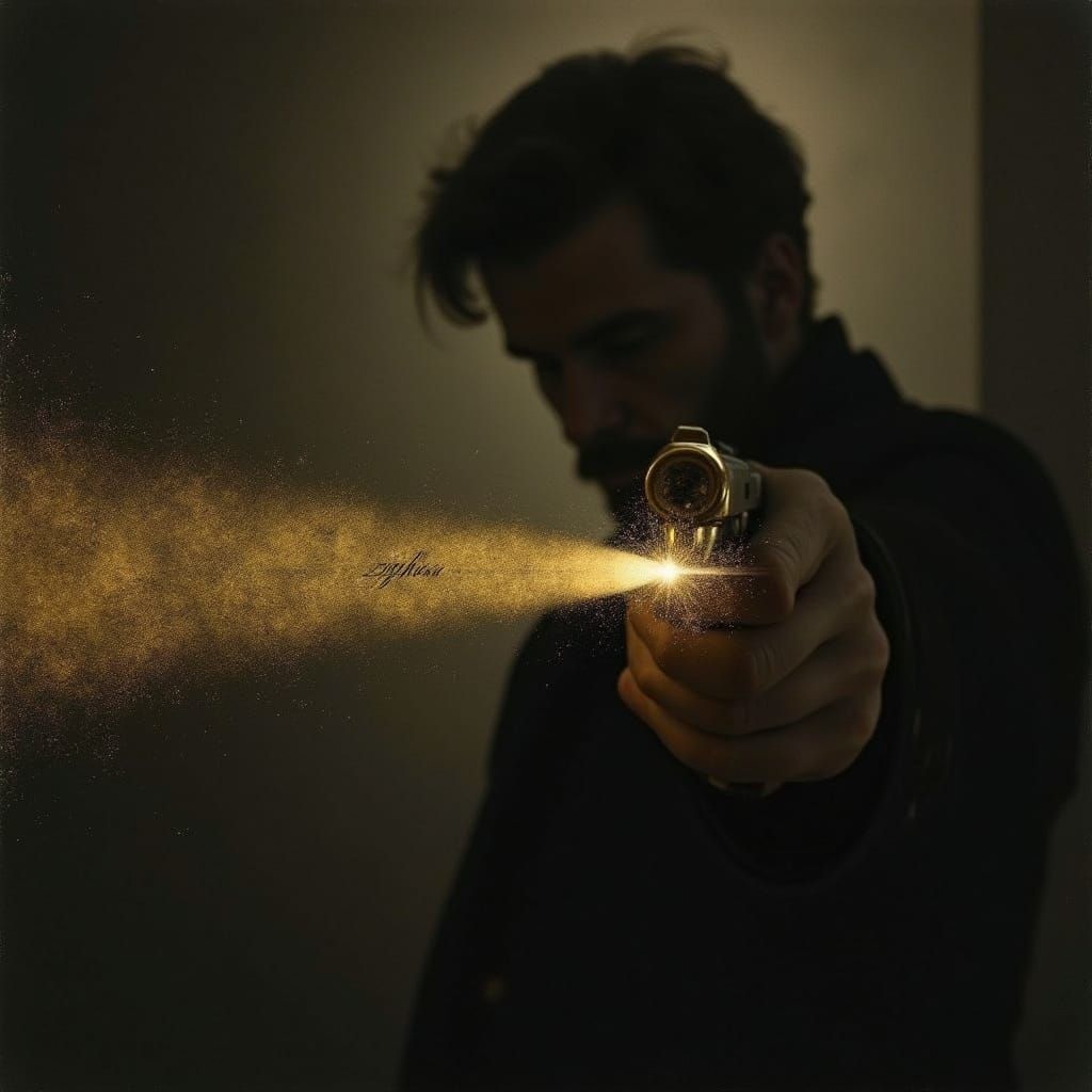 Golden Bullet Pierces Reality, Silhouette of Otto Plath Aims...