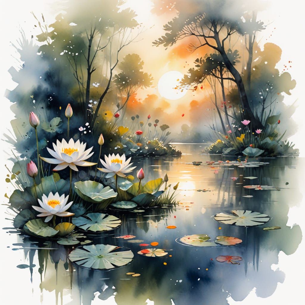 Magical Moonlit Lake with Will-o'-the-Wisps in Watercolor