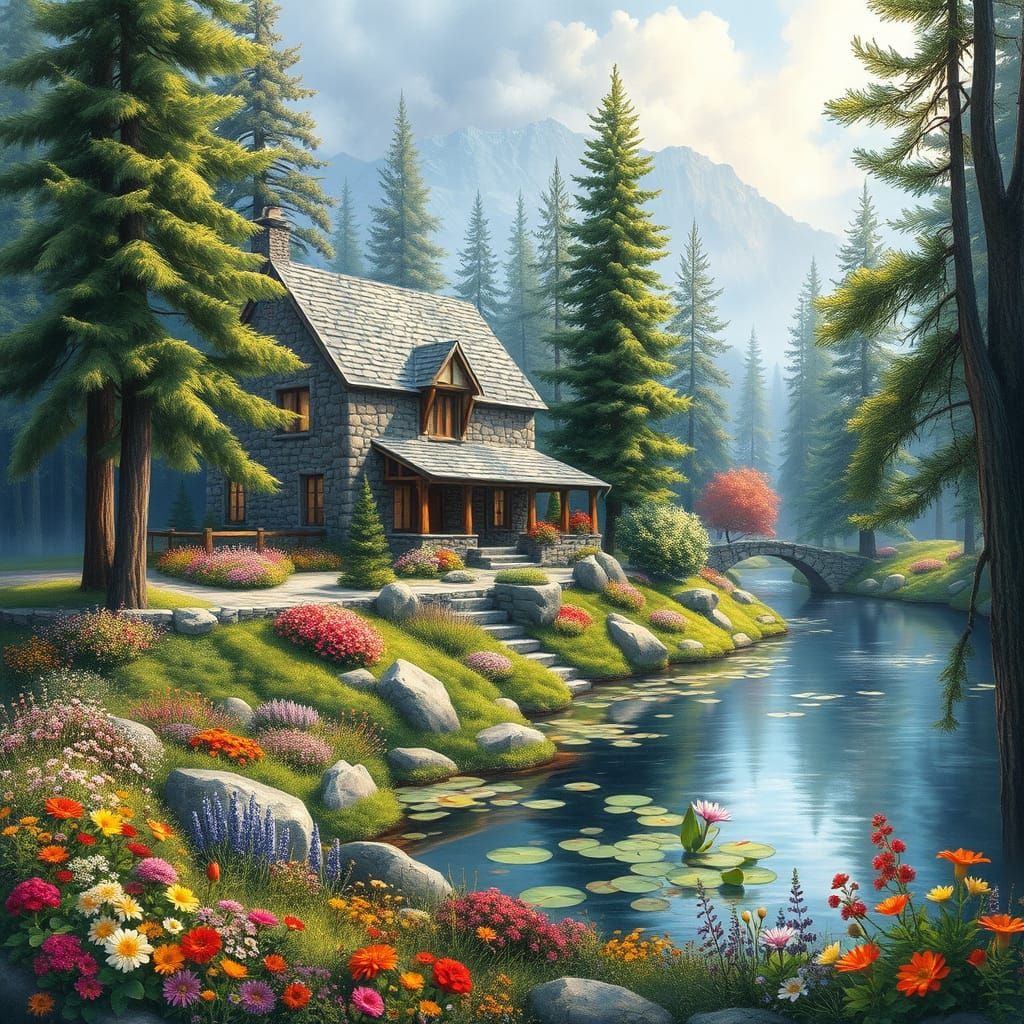 Whimsical Rustic Home Amidst Vibrant Forest and Serene Water