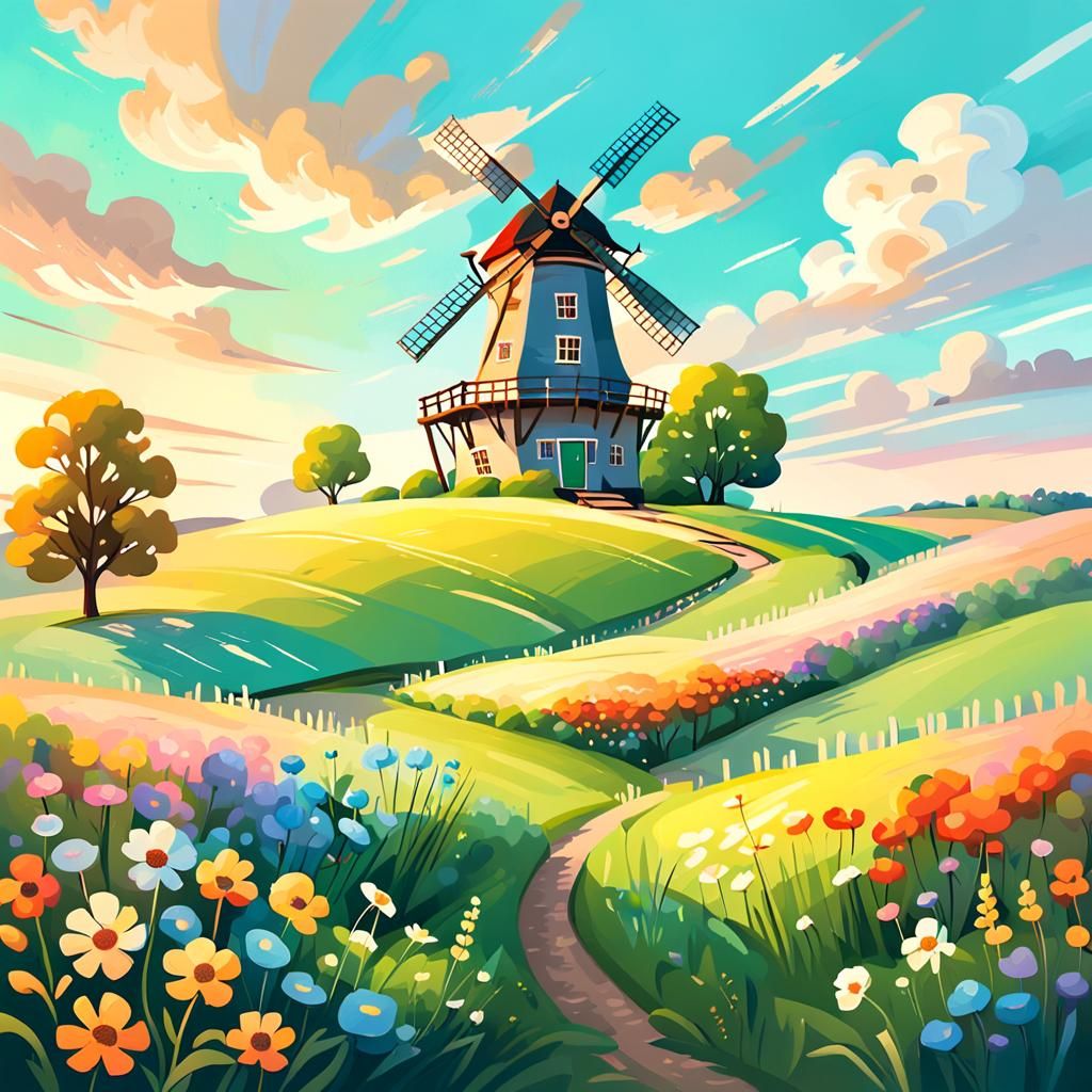 Whimsical House and Windmill in a Golden Field