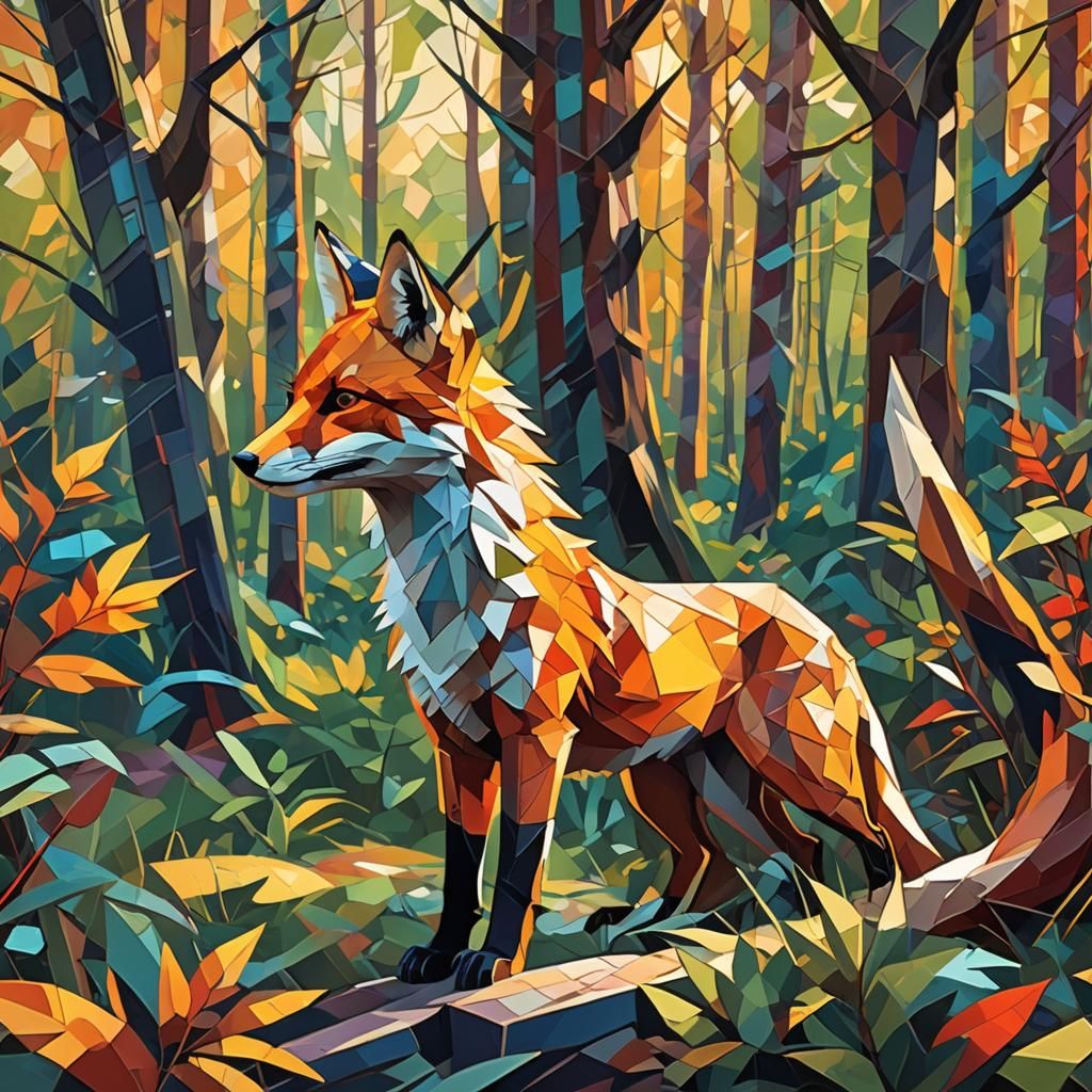 Fox and Cub in Geometric Fauvist Style