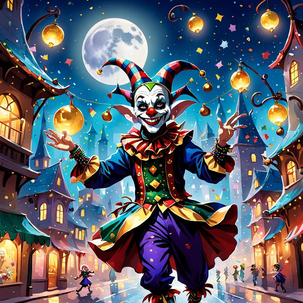Cheerful Jester Dances in Moonlit Cityscape