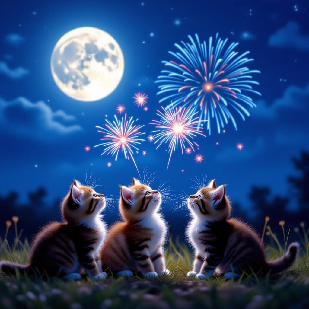 Kittens Enjoying Fireworks Under Full Moon