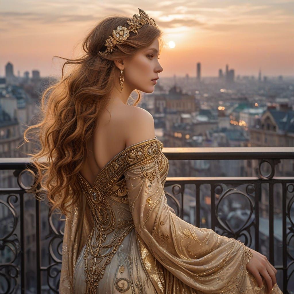 Celestial Woman Overlooking Nebula City: Art Nouveau