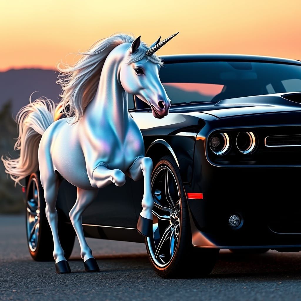 Futuristic Unicorn Adorns High-Performance Muscle Car