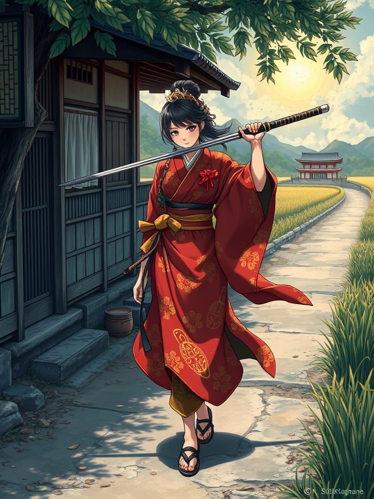 Swordswoman Strolling Edo Streets in Golden Detail