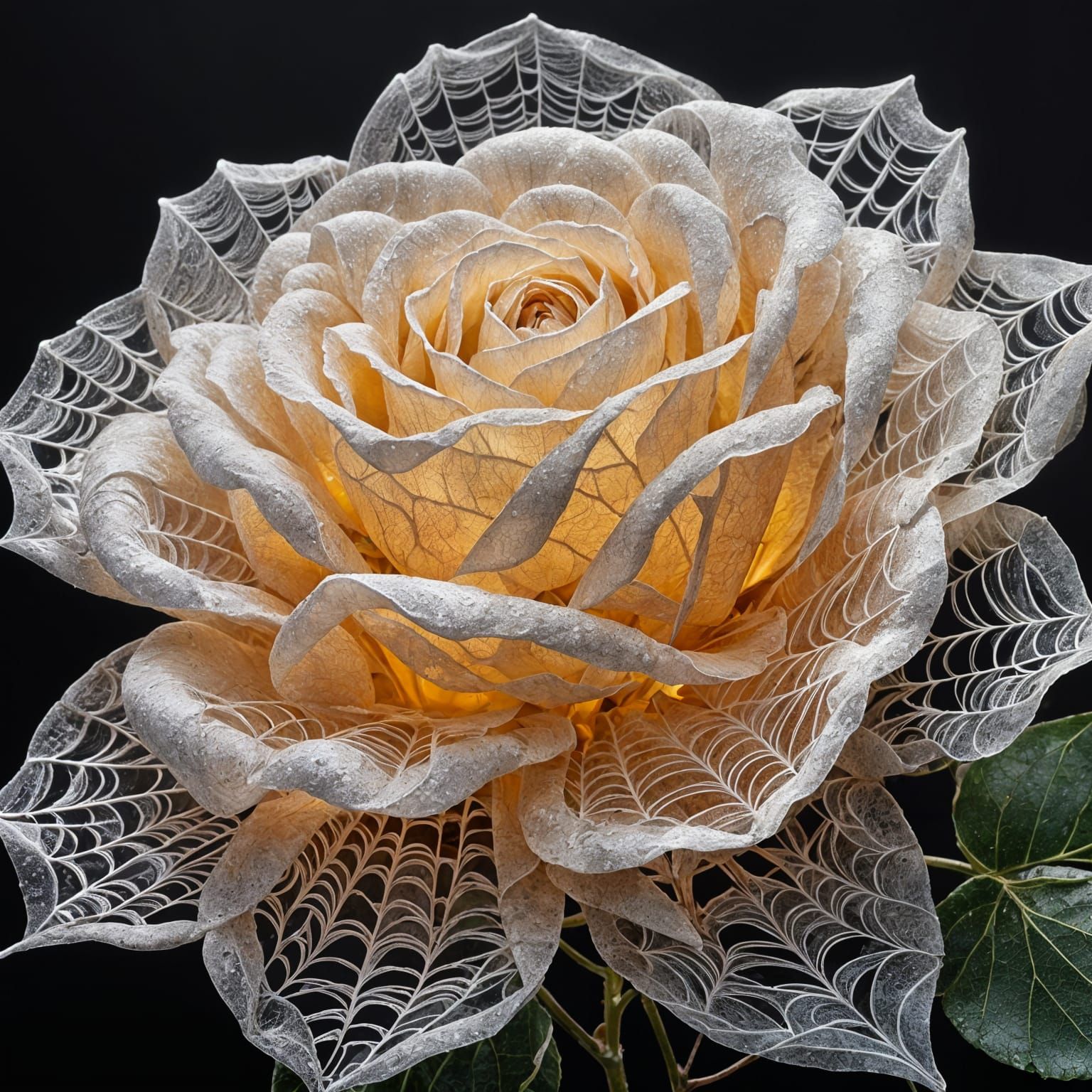 Glowing Spider Silk Rose Sculpture Sparkling with Dew