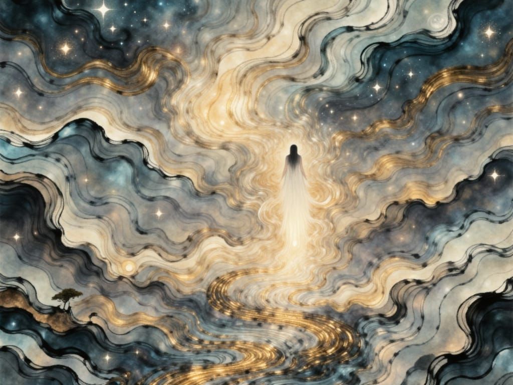 Spirit Ascending in Misty Aura with Suminagashi Patterns