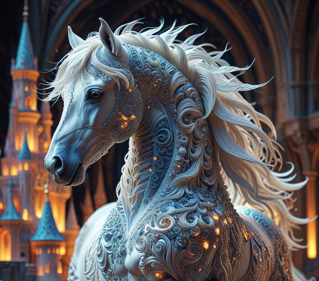 Ethereal Castle Horse Mane in Dreamlike Vector Art