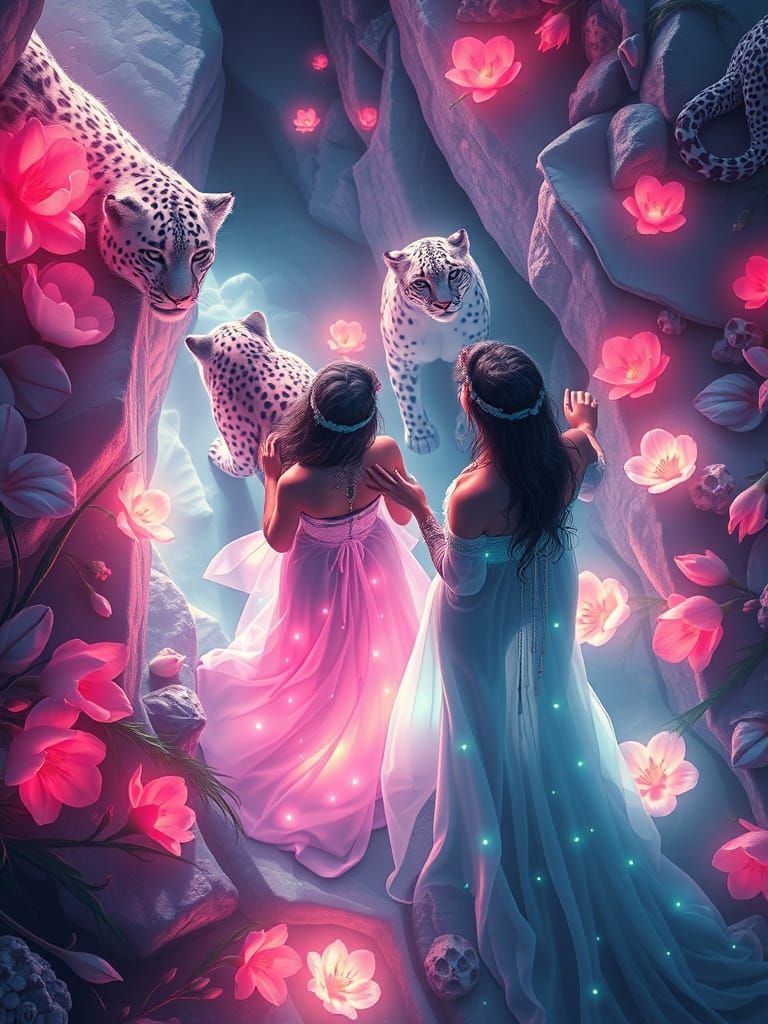 Women and Snow Leopards in Anime Style