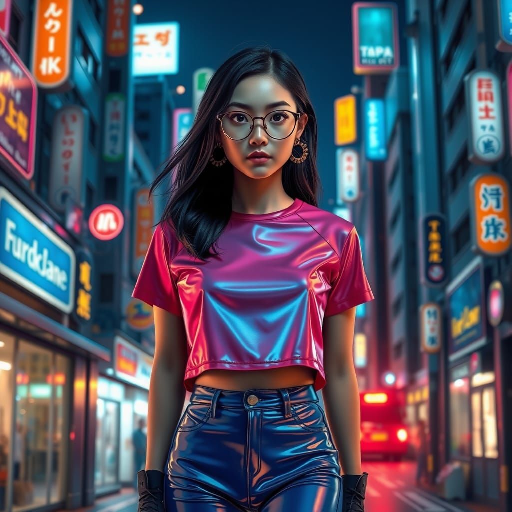 Woman in Latex Outfit Amidst Neon Tokyo, in Studio Trigger S...