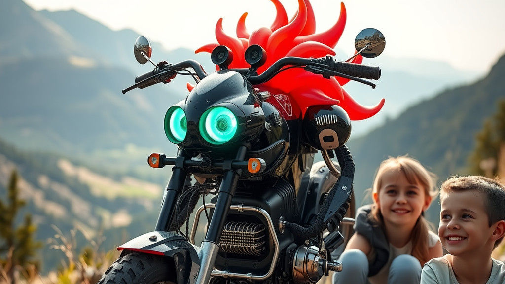 Friendly Transformer Robot E-Bike in Mountain Landscape