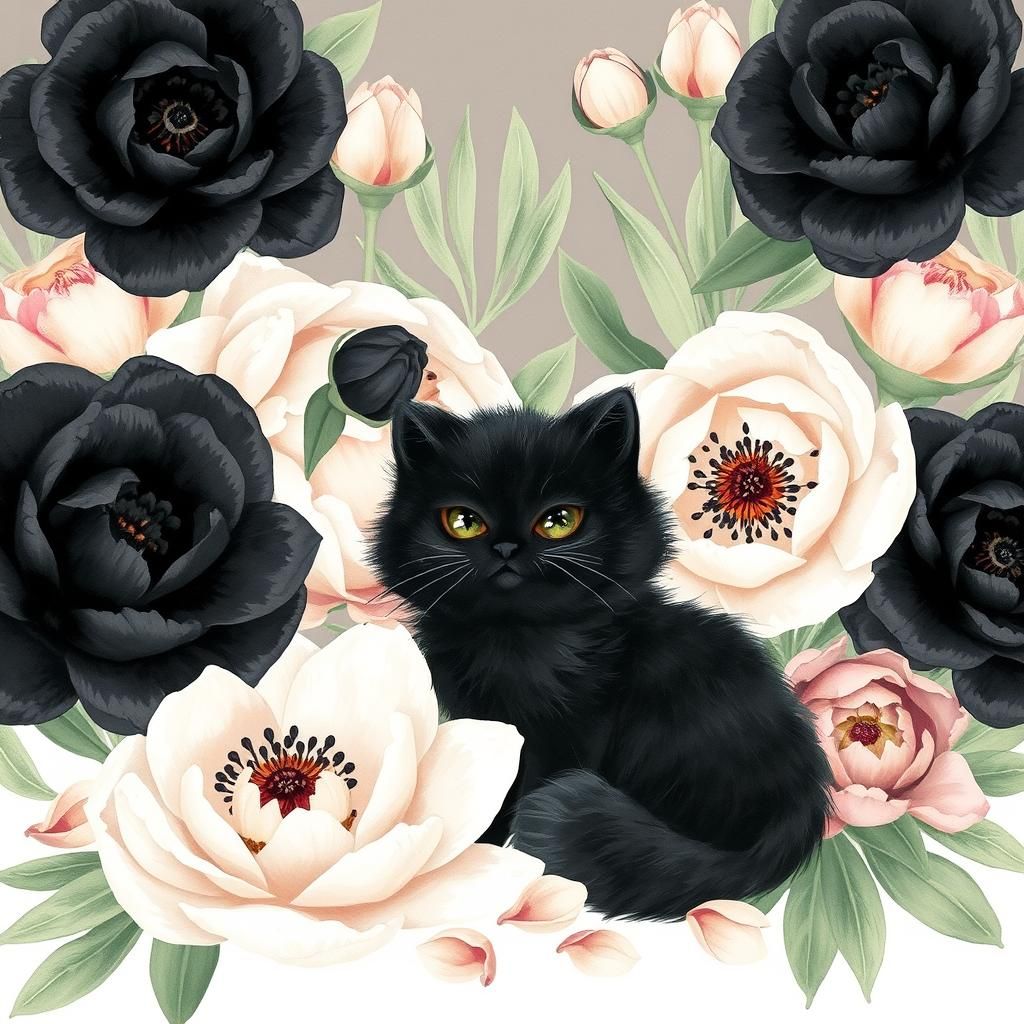 Black Cat with Peonies in Ethereal Watercolor