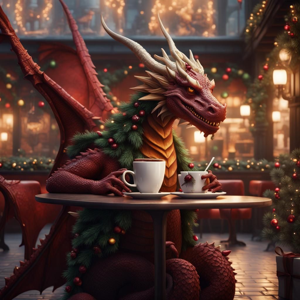Festive Christmas Dragon at Cafe: Fantasy Concept Art