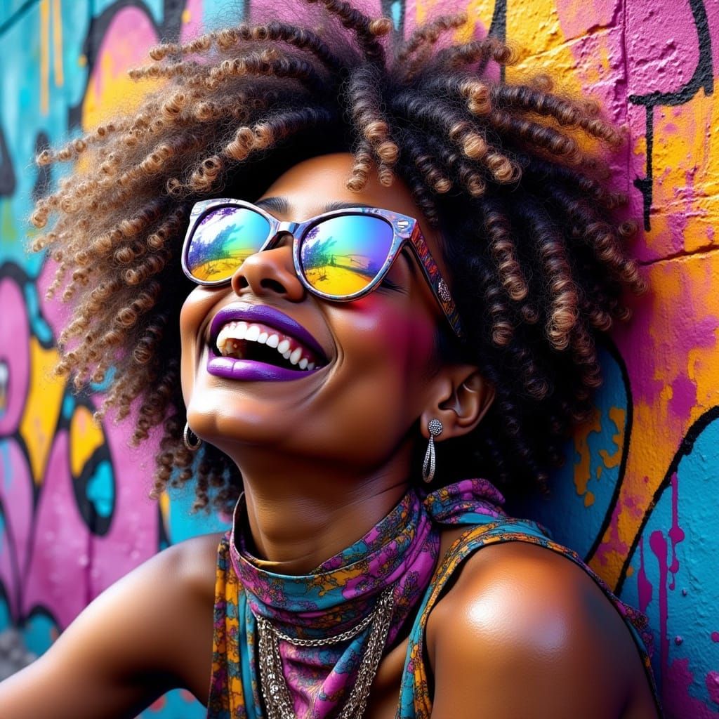 Surreal Afro Goddess Adorns Vibrant Graffiti Wall with Drama...