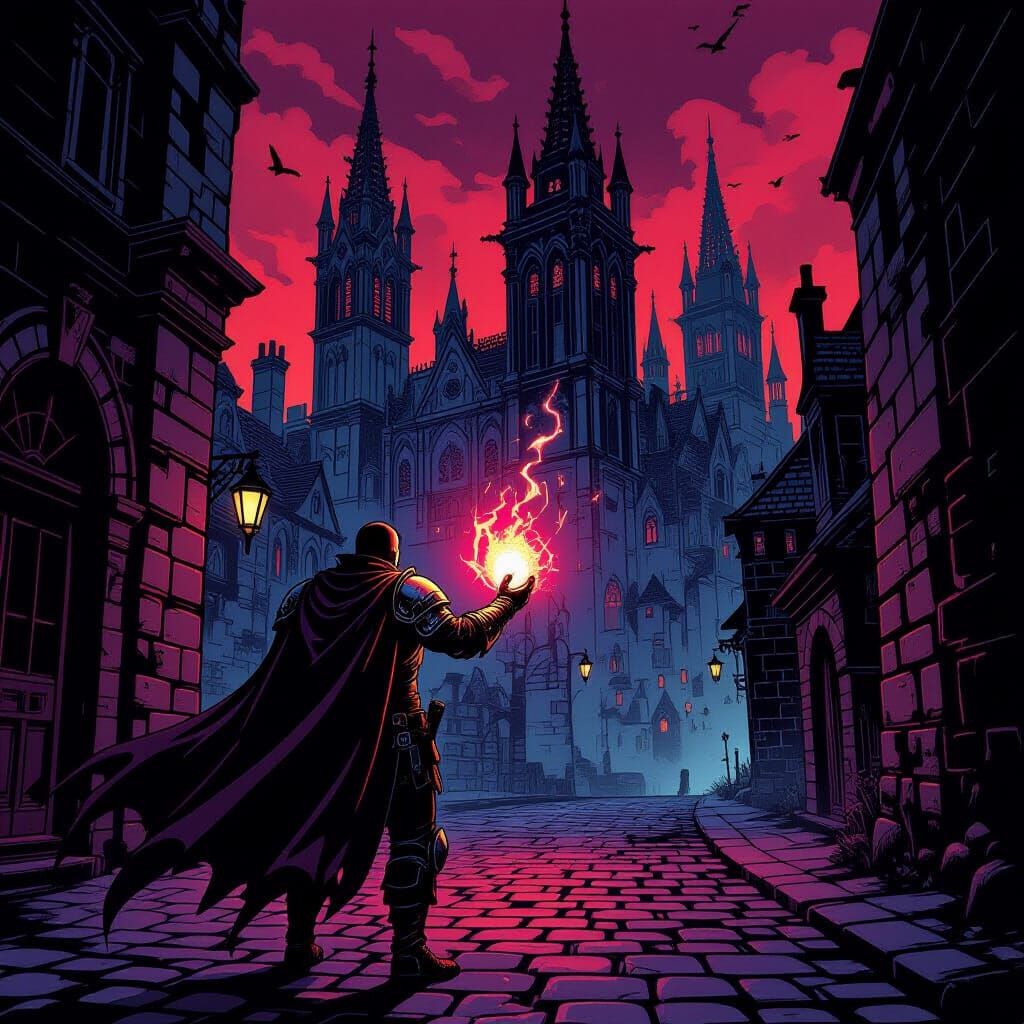 Lone Adventurer in Ancient City Street Noir Comic Style