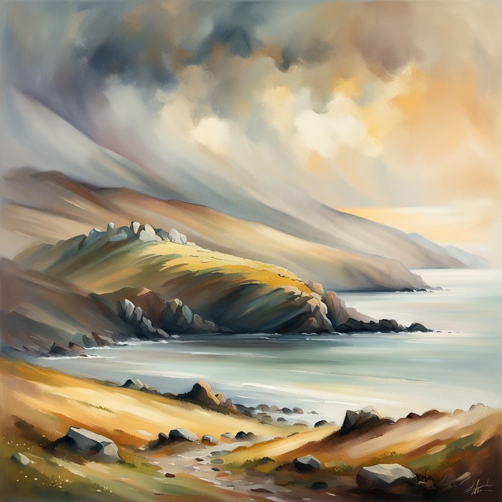 Misty Hill Landscape Painting in Earthy Tones