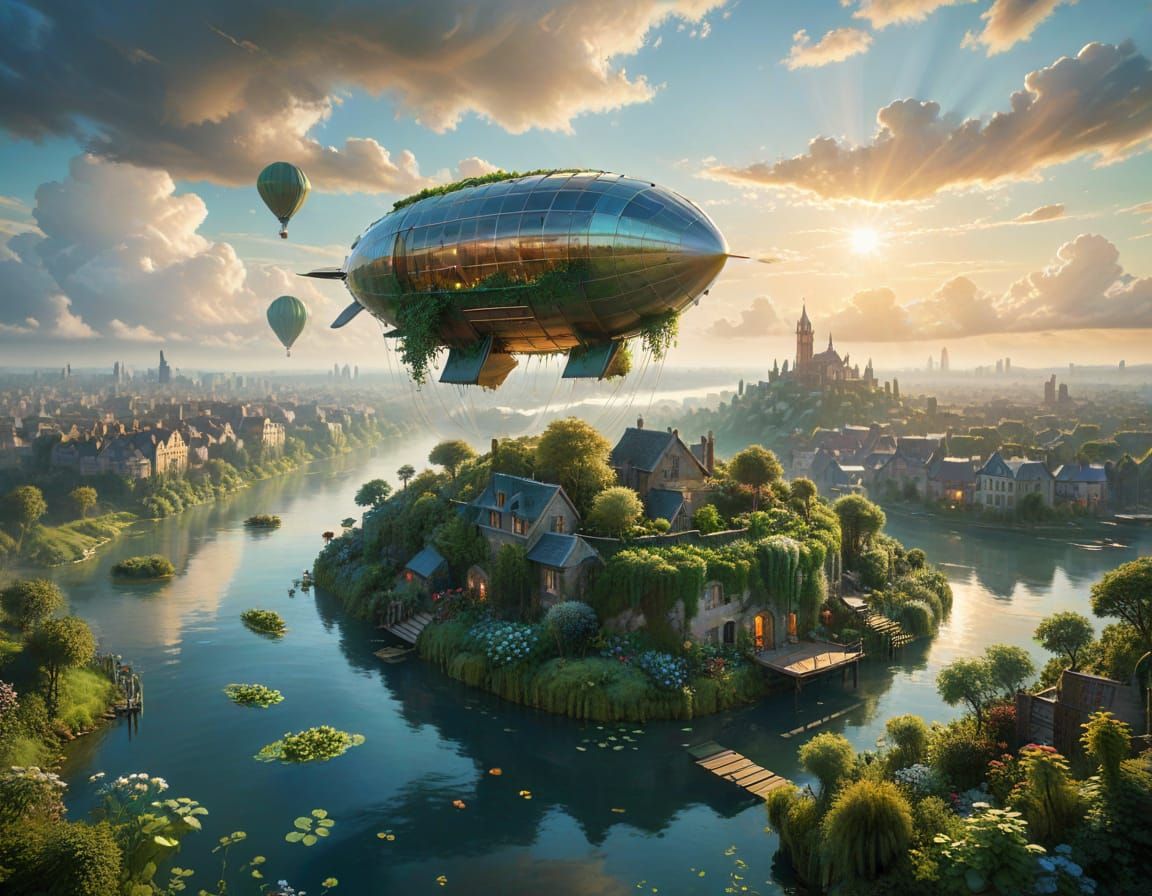 Solarpunk Airship Drifts Above Idyllic Cityscapes in Impress...