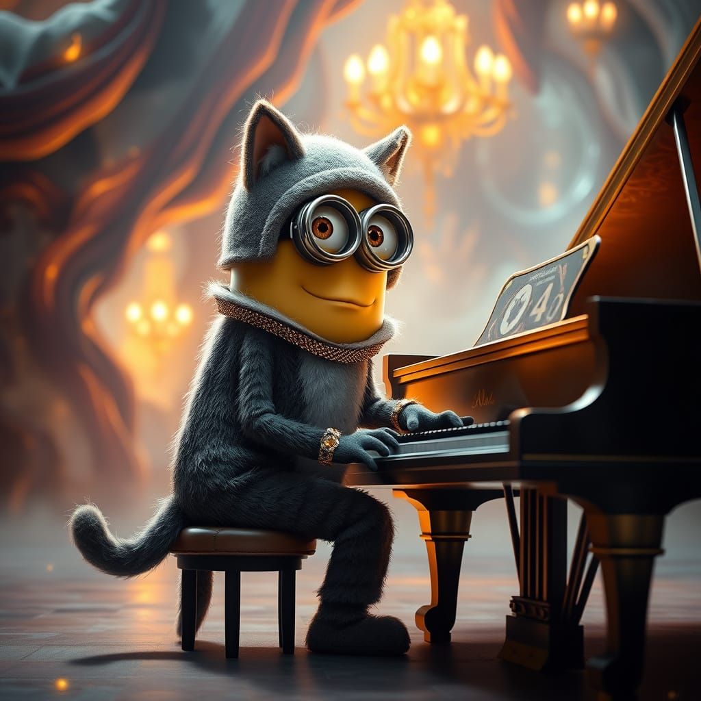 Ethereal Minion Cat Plays Piano in Dreamlike World