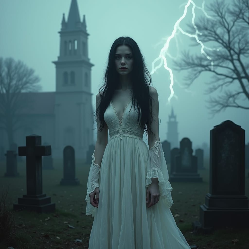 Gothic Woman in Graveyard, Cinematic Horror Pulp Style