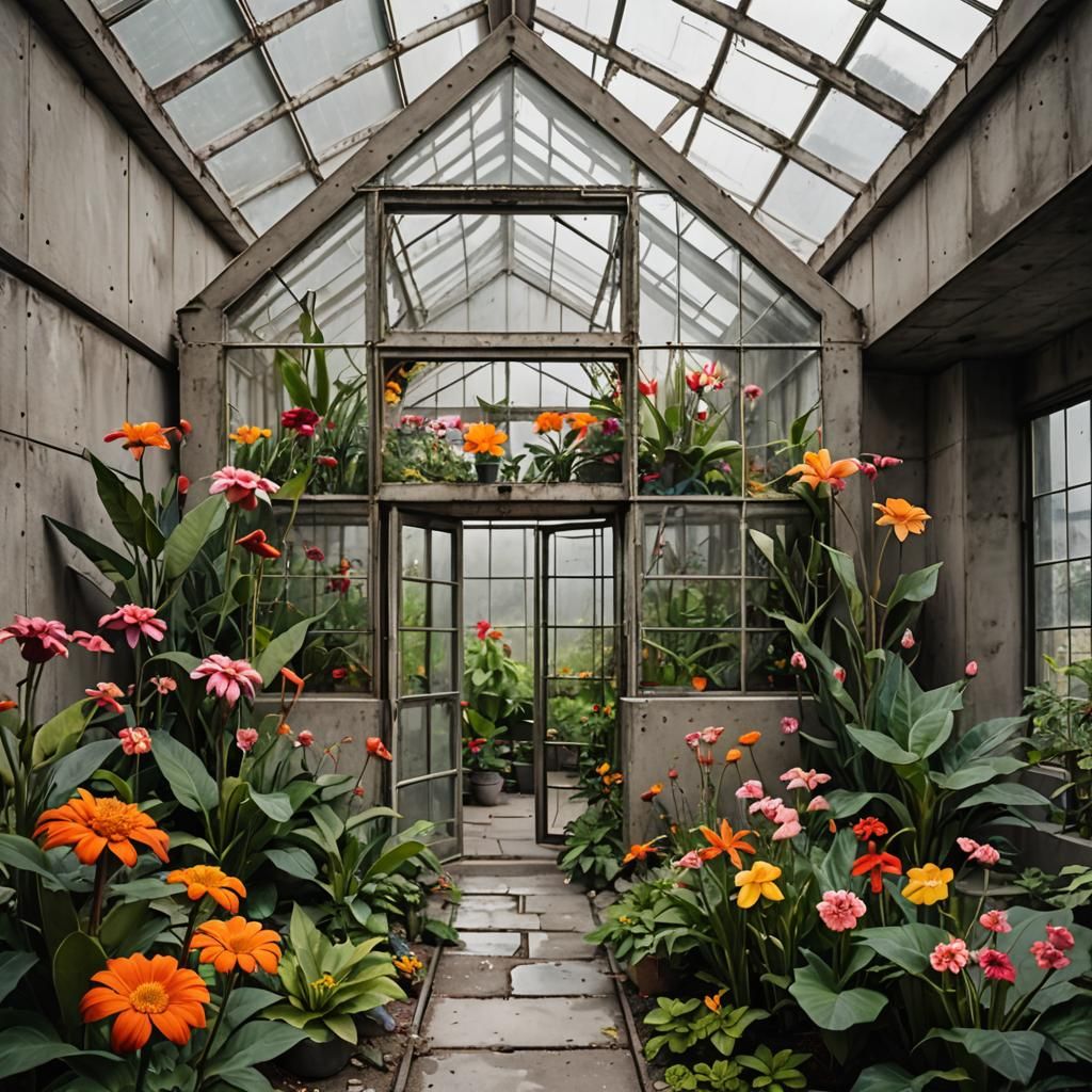 Brutalist Greenhouse: Concrete and Exotic Flowers