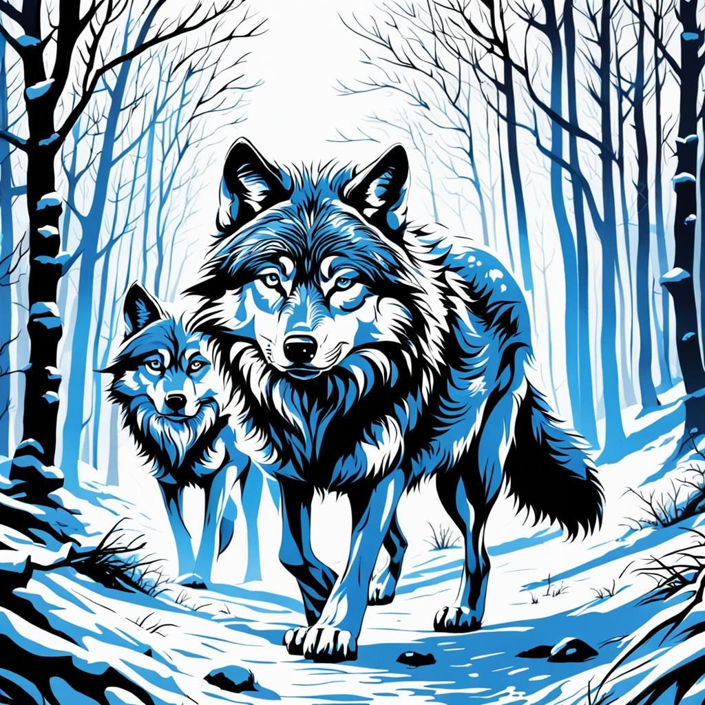 Detailed Black and White Wolves in Winter Forest