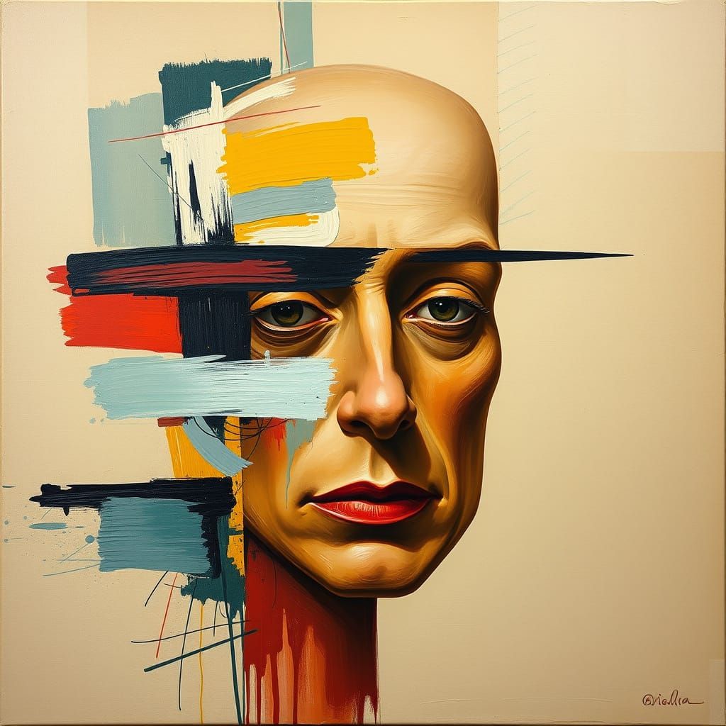 Surreal Face Portrait with Abstract Brushstrokes and Shapes