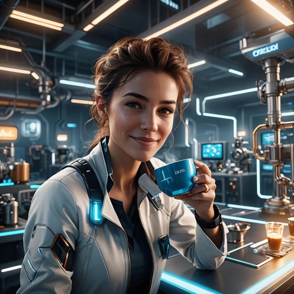 Futuristic Coffee Ad in High-Fidelity 3D Game Style