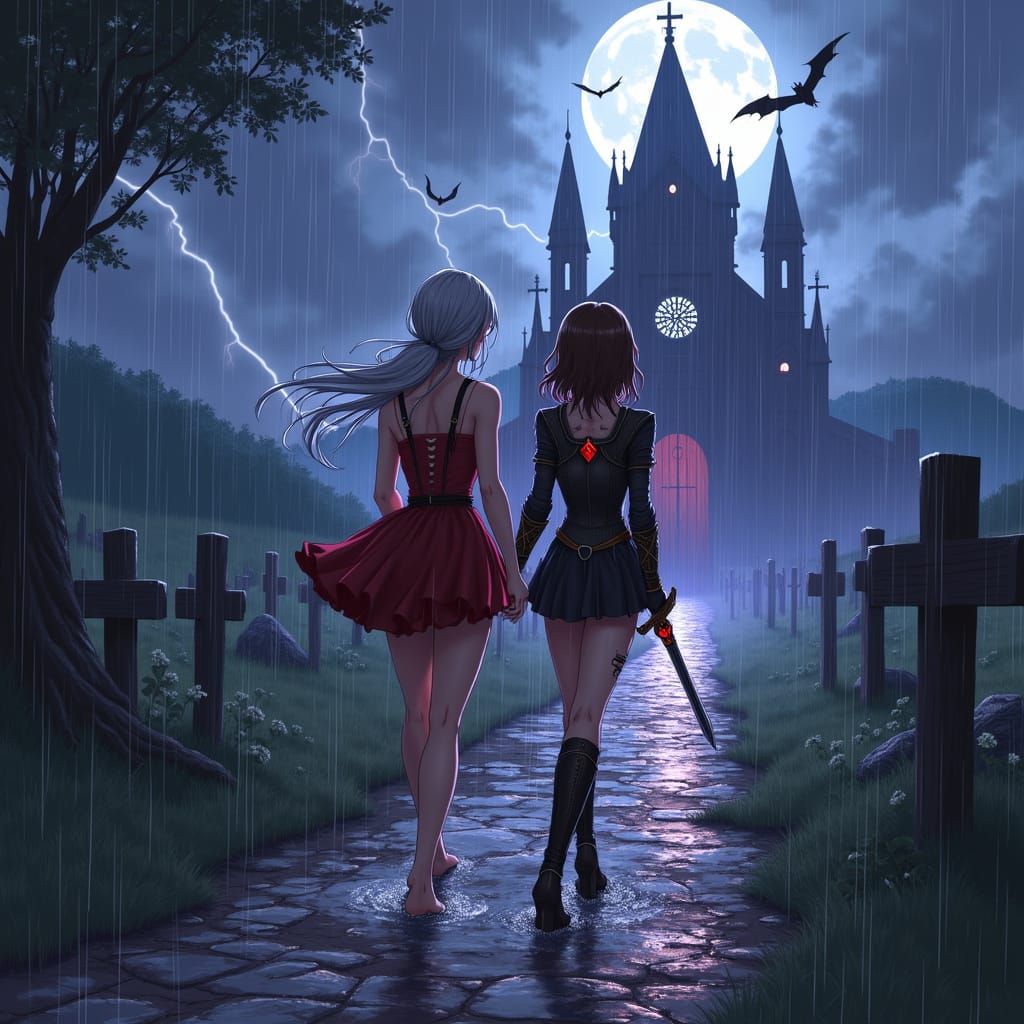 Anime-Style Gothic Church in Stormy Moonlight