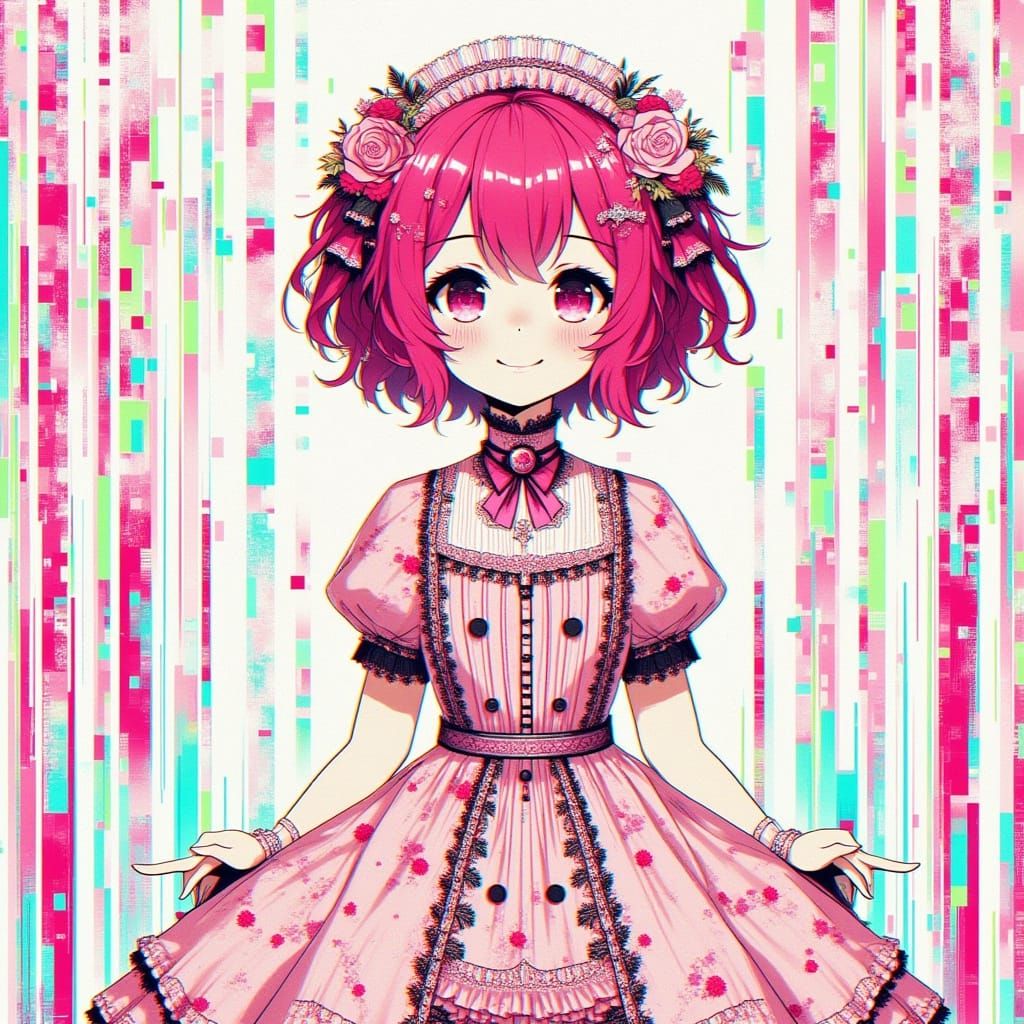 Anime Girl with Red Hair on Solid Background