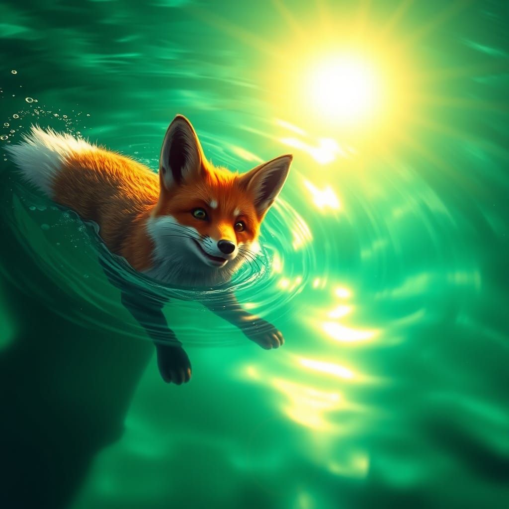Fox Swimming in Aqua Lake: Fantasy Concept Art