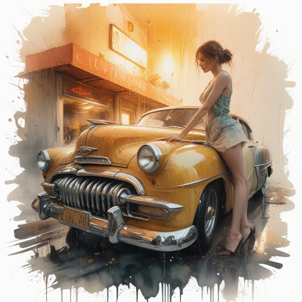 Retro Car Diner in Cinematic Watercolor Style