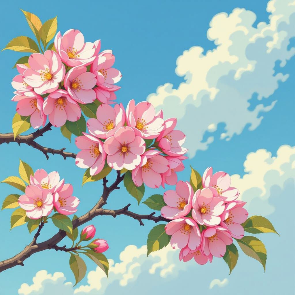 Pink Blossoms Under Blue Sky: Art Nouveau Style