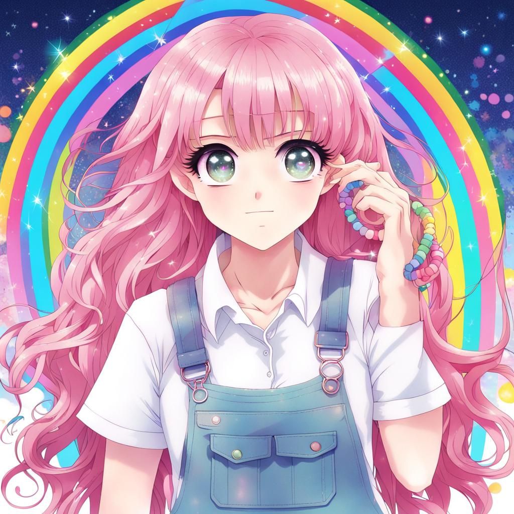 Anime Girl with Rainbow Hair in Pastel Manga Art