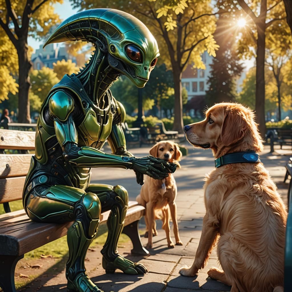 Alien and Dog Meeting in Sunny Park: Digital Art
