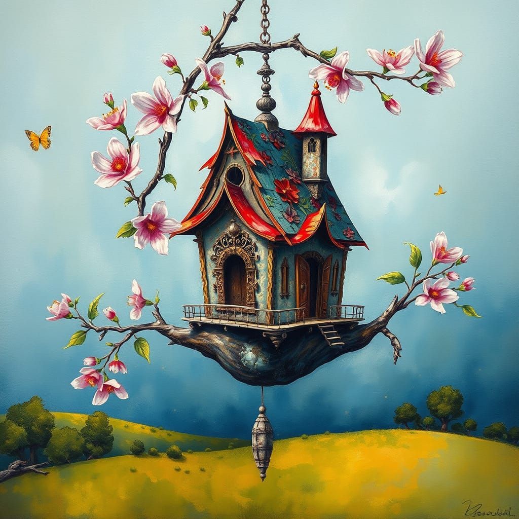 Whimsical Birdhouse Castle: Surrealist Mixed Media Masterpie...