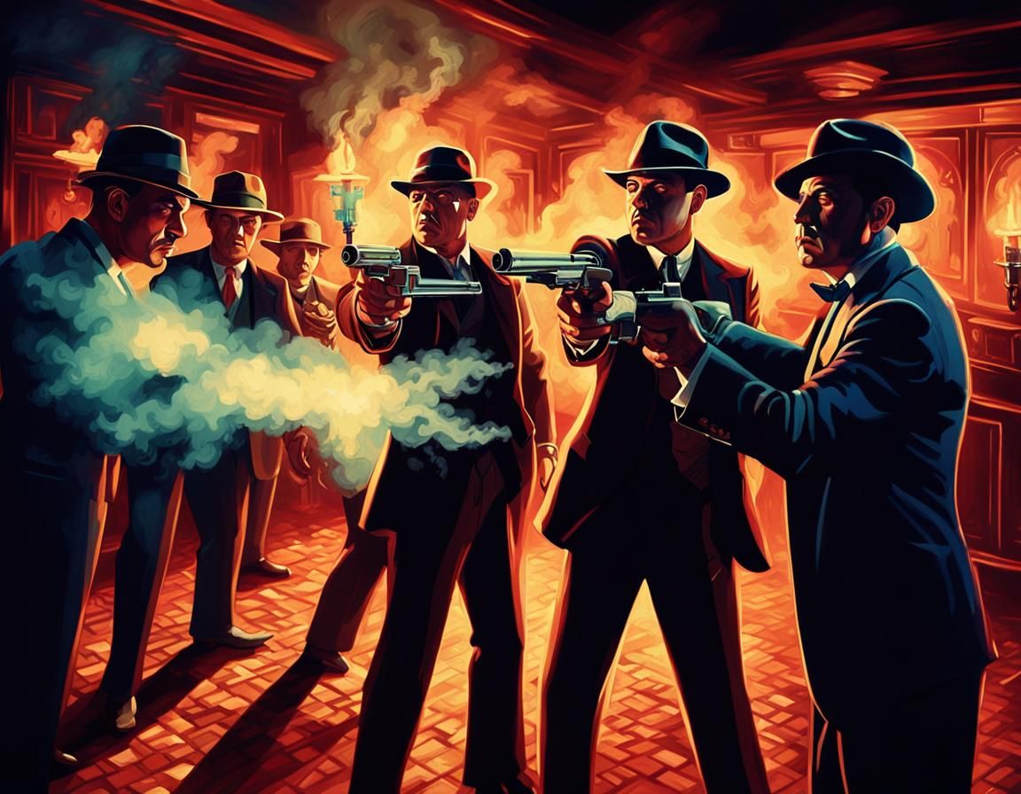 1920s Gangsters Firing Ray-Guns: Noir Digital Art