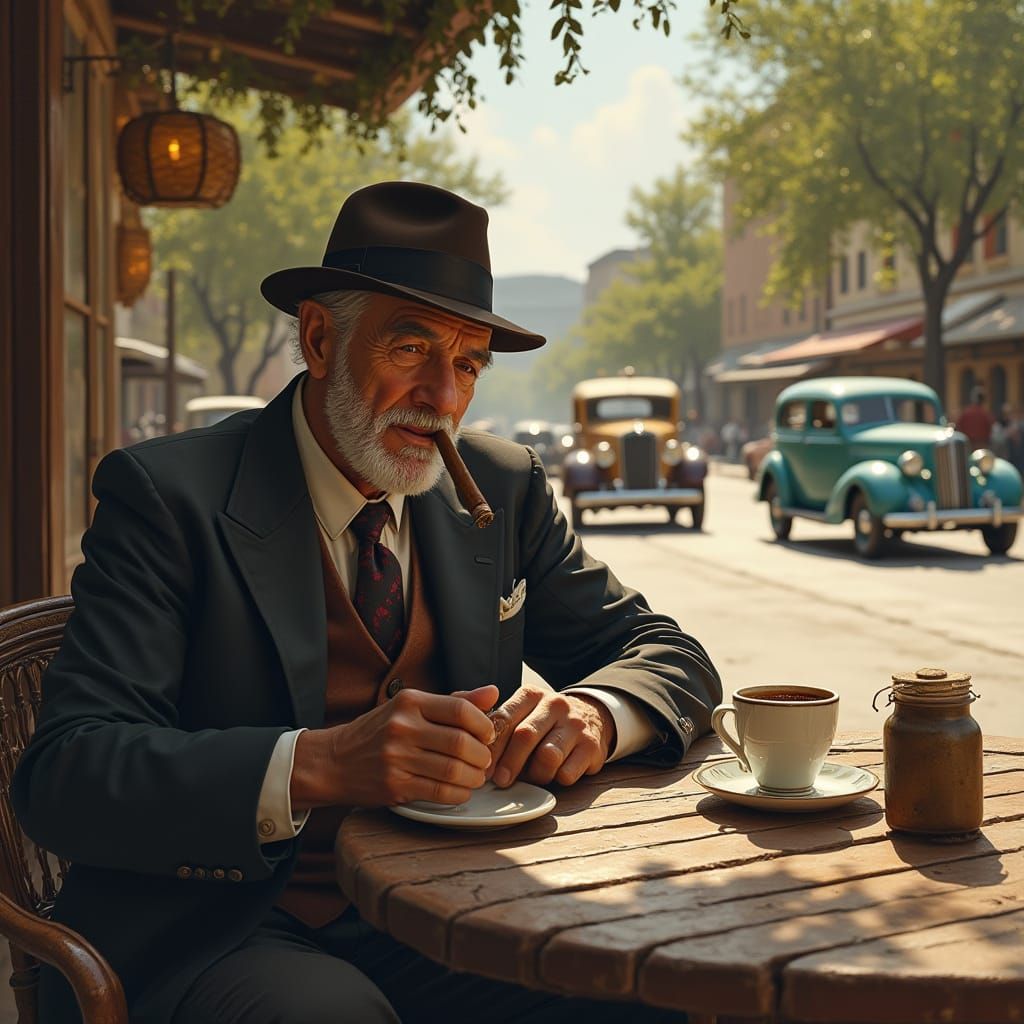 An older gentleman sits at a outdoor table he smokes a cigar...