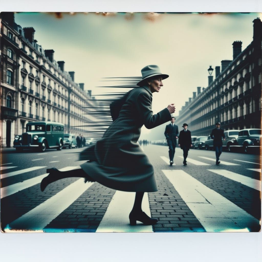 Elderly Woman Runs Through City Street in Vintage Style