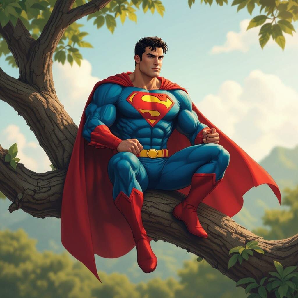 Superhero Boy Eating Apple in Jackfruit Tree