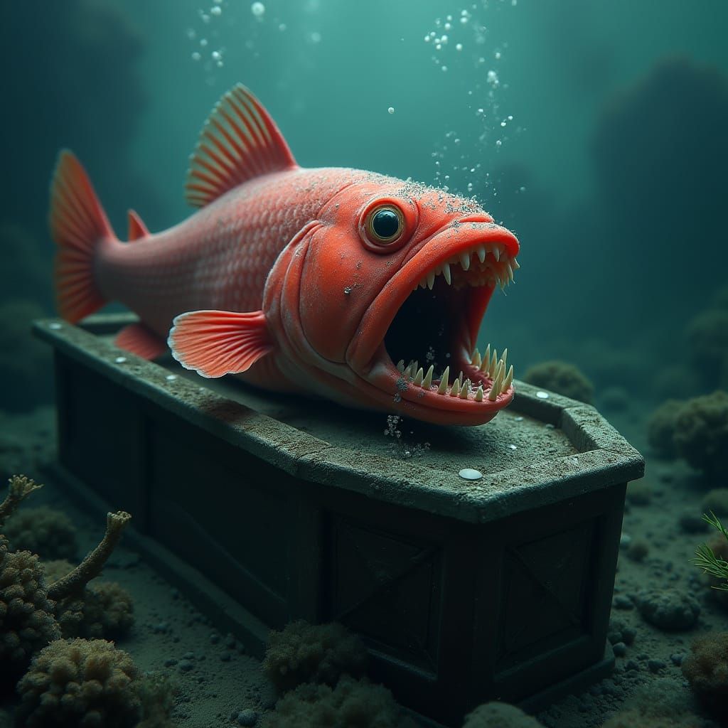 Gothic Red Fish Emerging from Coffin in Dark Waters