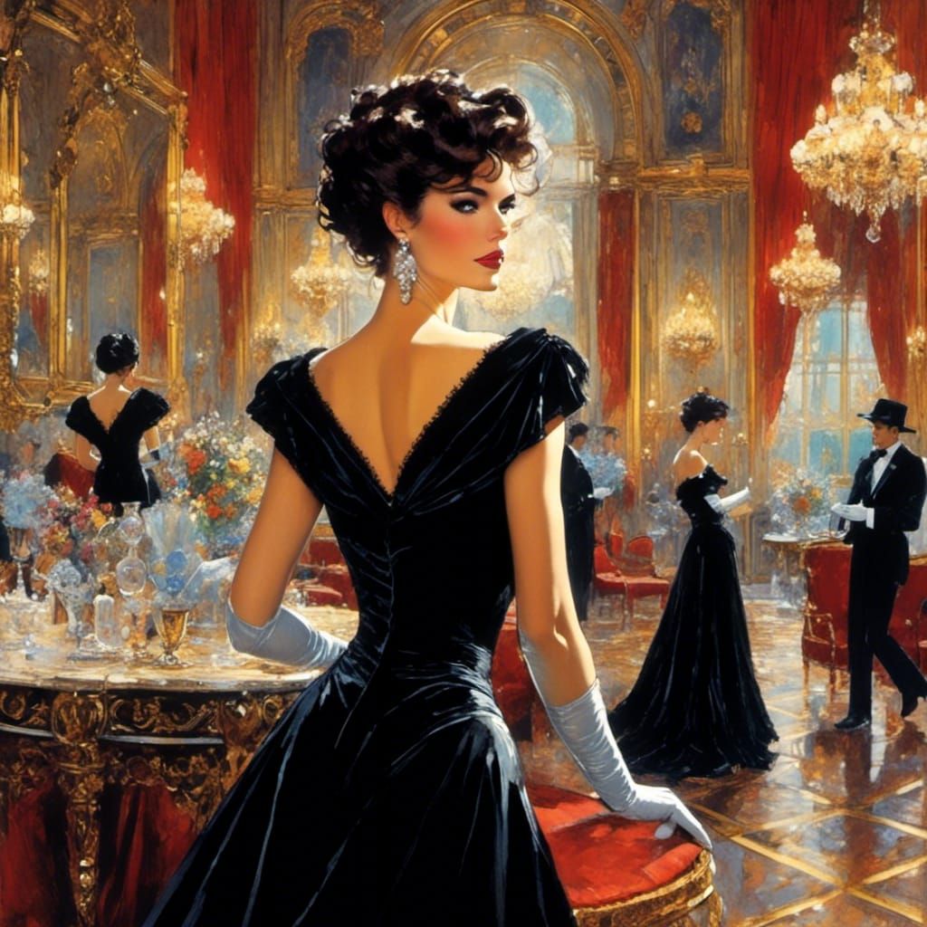 Elegant Woman in Velvet Gown, 1990s Fashion