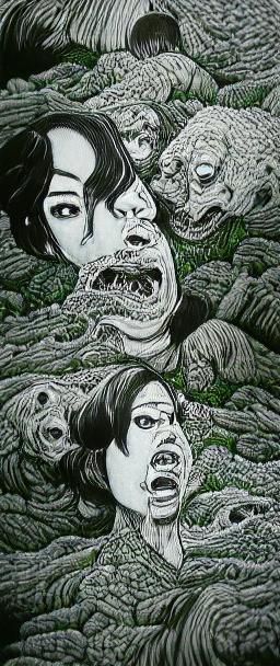 Gore Horror Artwork in Hokusai and Burns Style