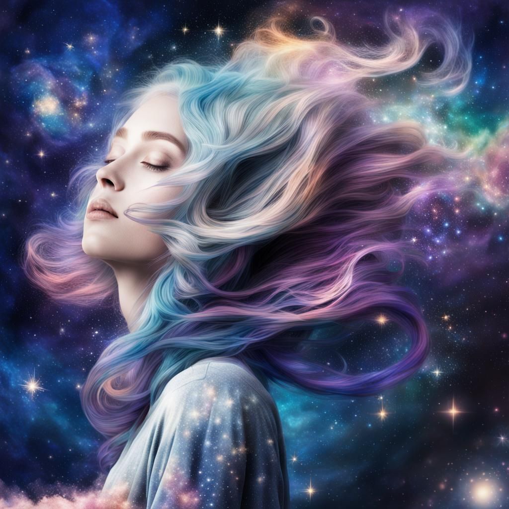 Woman with Galaxy Hair in Cosmic Dreamscape