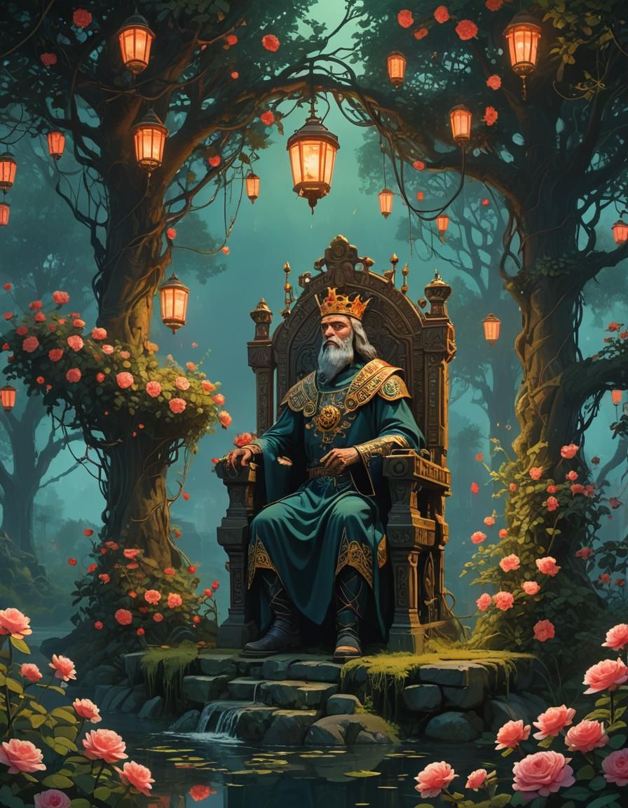 King on Rose Throne in Ethereal Garden