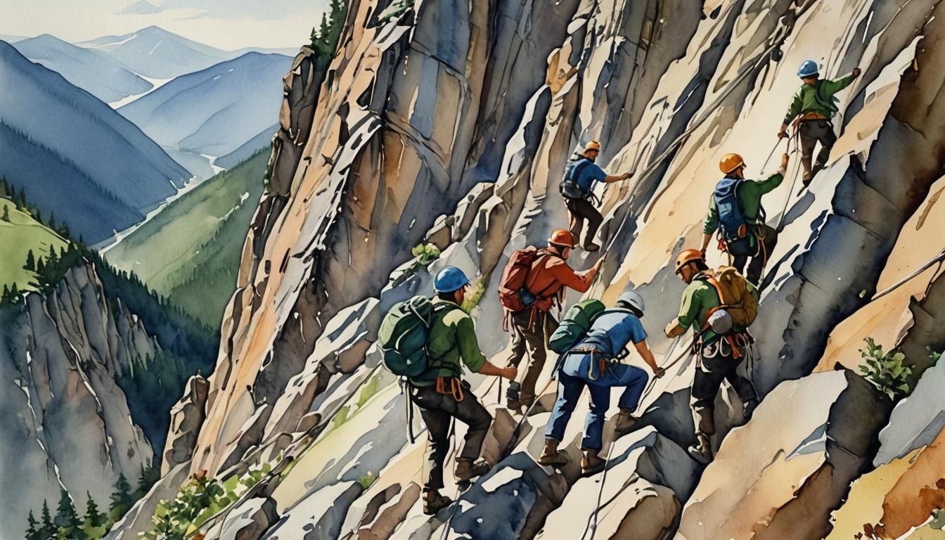 Teamwork on Mountain Climb in Watercolor Style