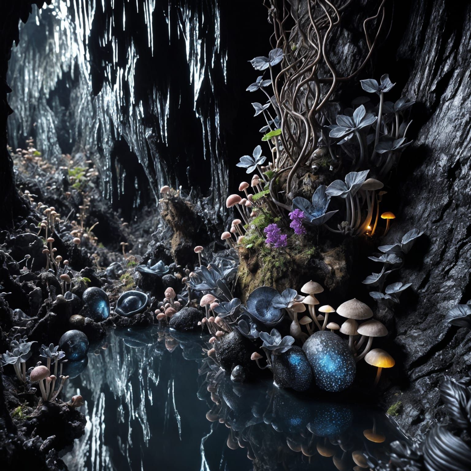 Lush Cave Interior with Reflective Obsidian Walls