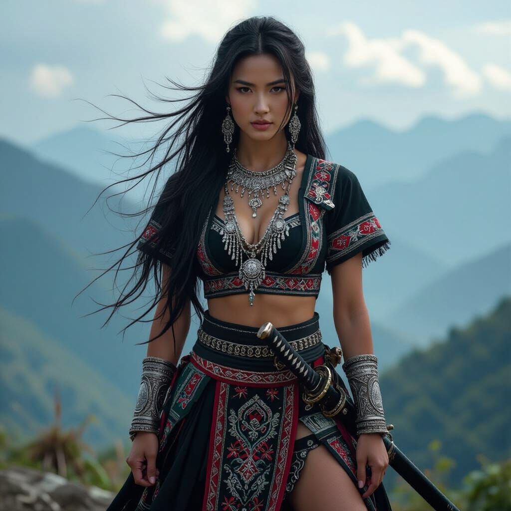 Hmong Warrior Woman on Windswept Mountaintop