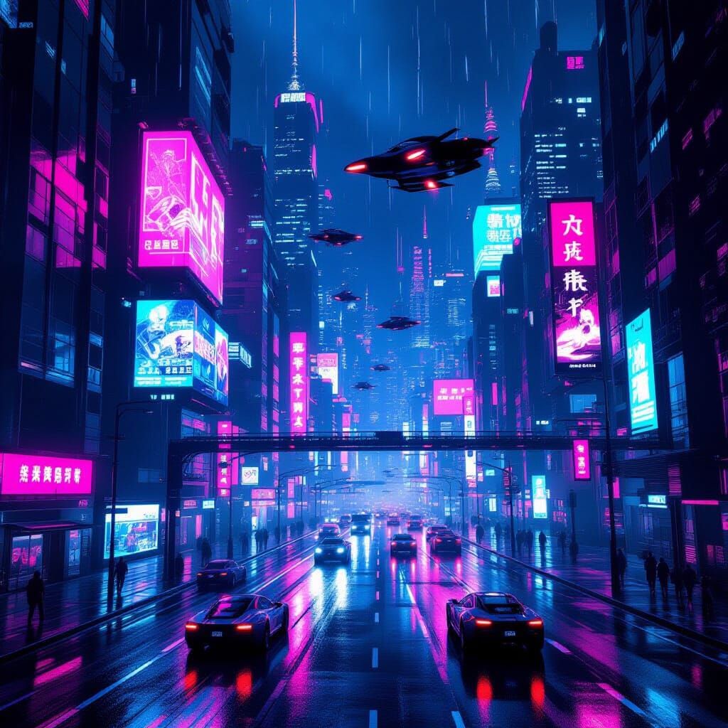 Cyberpunk City at Night: Neon Lights & Flying Cars