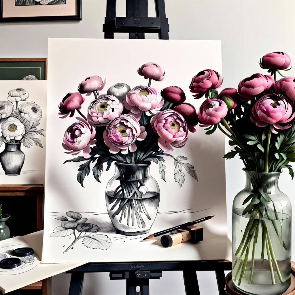 Botanical Ink Drawing of Ranunculus and Peonies